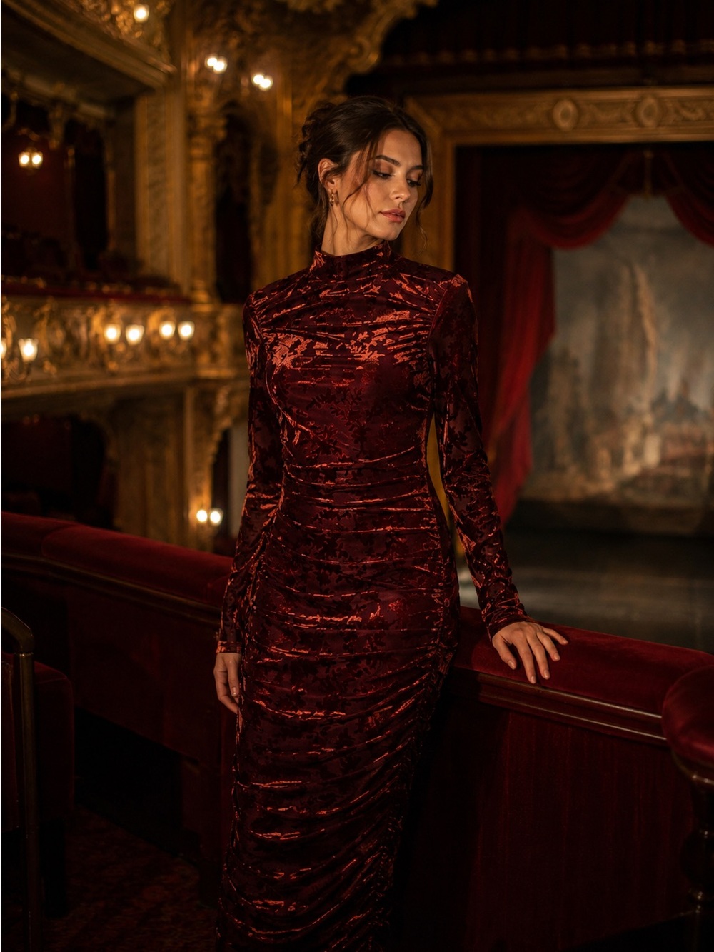Badgley Mischka Deep Garnet Velvet Long-Sleeve High-Neck Gown